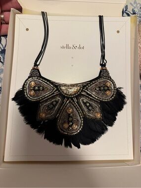 Stella & Dot Black and Gold Beaded Feather Collar Necklace